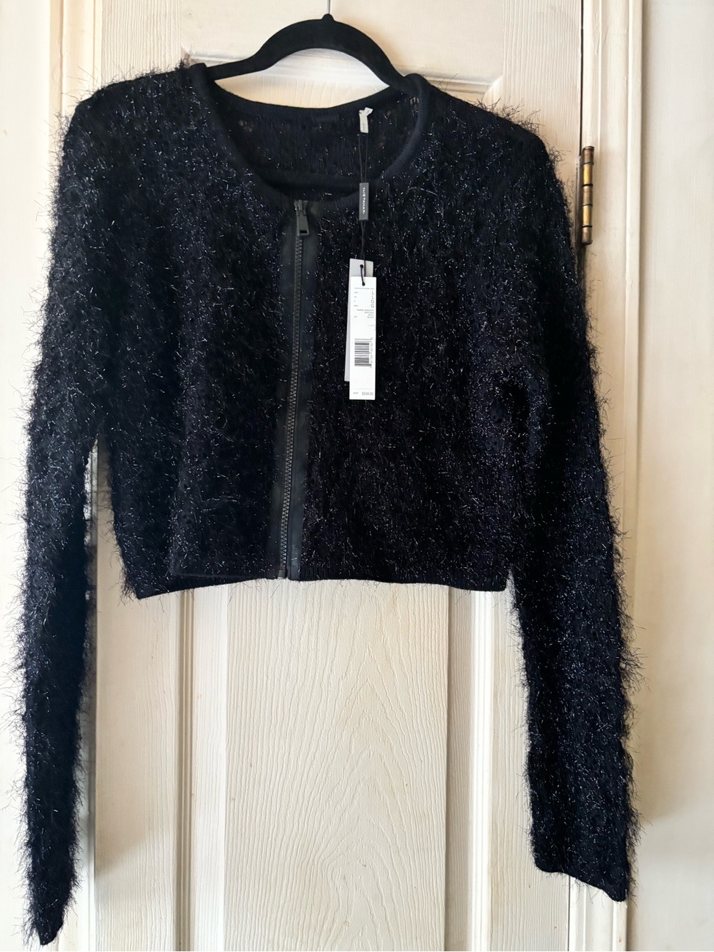 Elie Tahari Black Fuzzy Zip-Front Knitwear Cropped Top Jacket